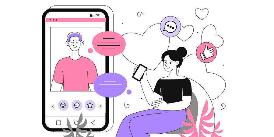 Colourful illustration depicting a man and a woman chatting online 
