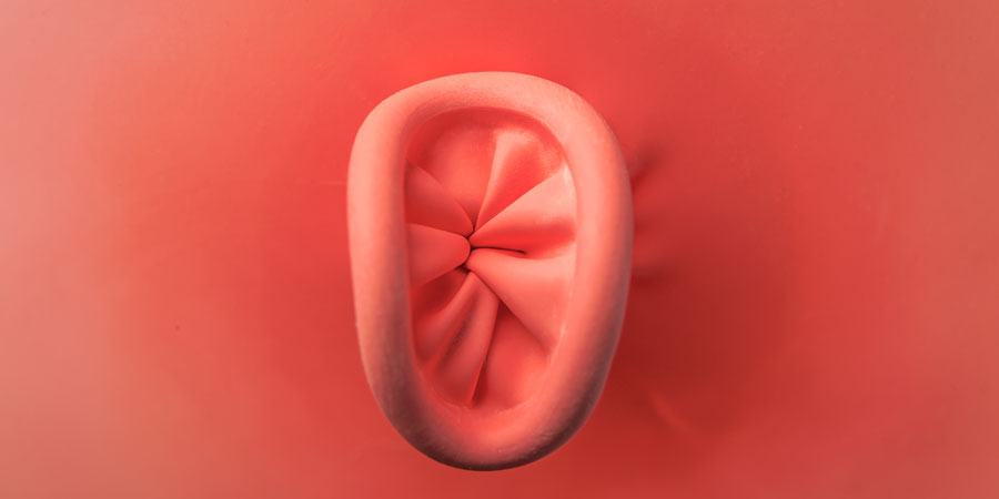 Close up of a tie off on a pink balloon to represent the anal opening 