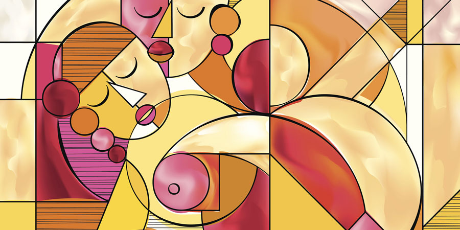 Colourful cubism illustration of a man and a woman in an erotic Kama Sutra sex position pose
