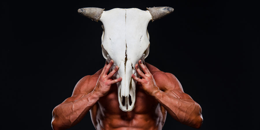 Dark skinned man with bulging muscles holding a bull's head to hide his face