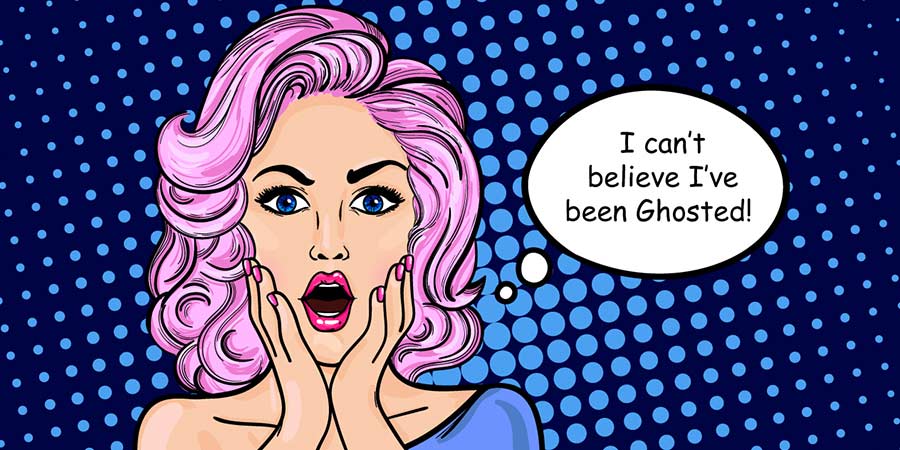 Stylised pop art drawing of a woman with bright pink hair looking shocked because she has been ghosted
